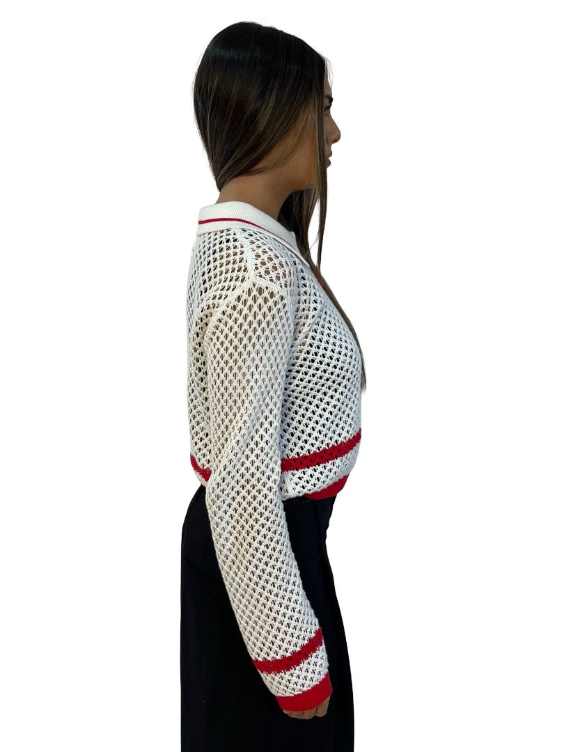 On Parks White/Red Trim Crochet Polo Cardigan. Size: 6