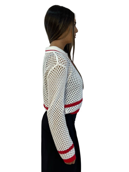 On Parks White/Red Trim Crochet Polo Cardigan. Size: 6