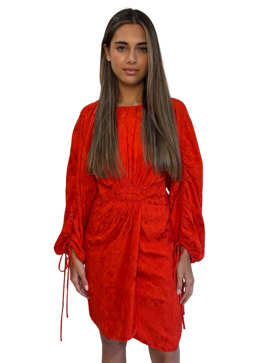 Scanlan Theodore Orange Red Ruched Sleeve Mini Dress. Size: 8