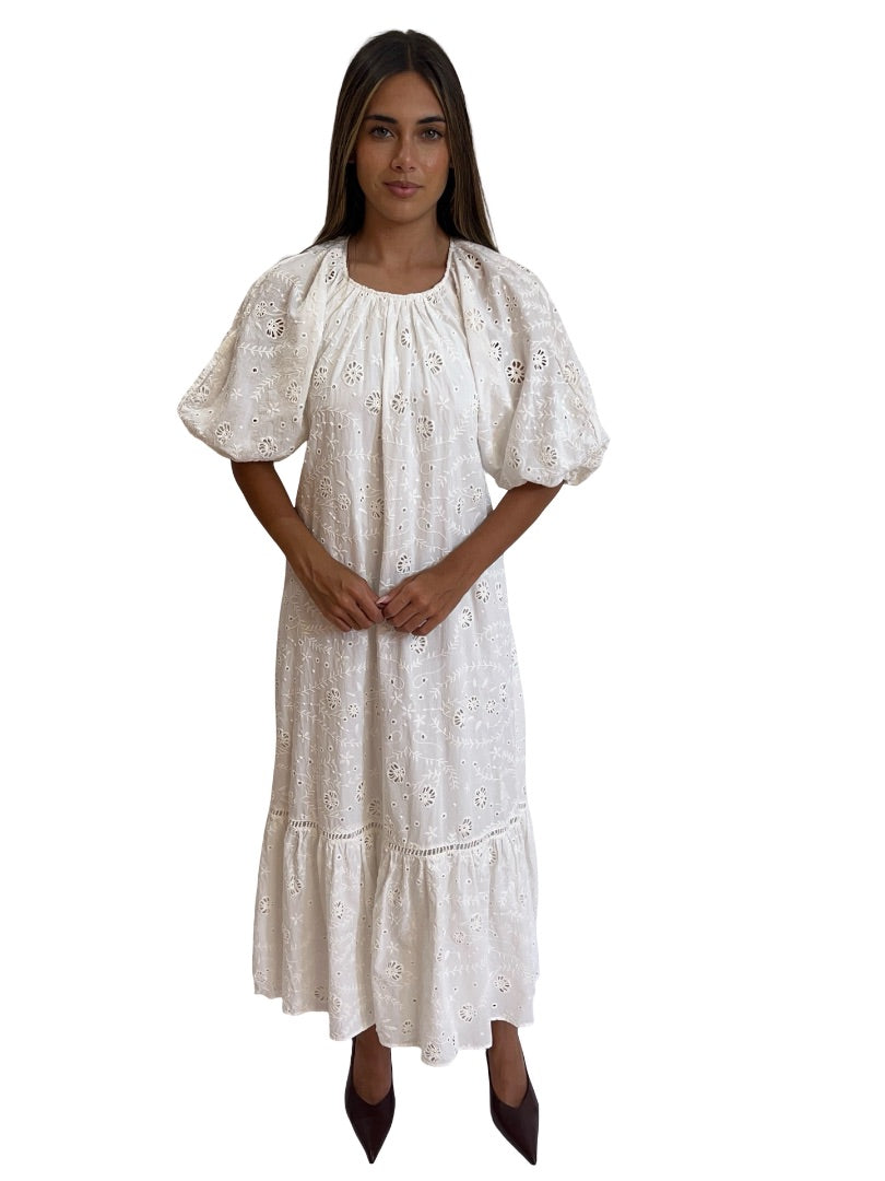 Aje White Embroidered Floral Eyelet Maxi Dress. Size: 4