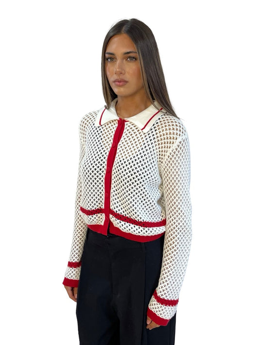 On Parks White/Red Trim Crochet Polo Cardigan. Size: 6