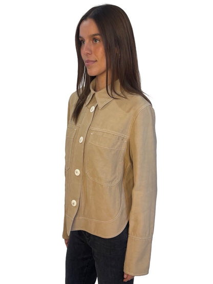 Lee Matthews Beige Contrast Stitch Shirt Jacket. Size: 3