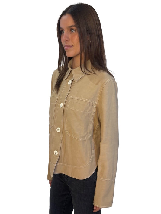 Lee Matthews Beige Contrast Stitch Shirt Jacket. Size: 3
