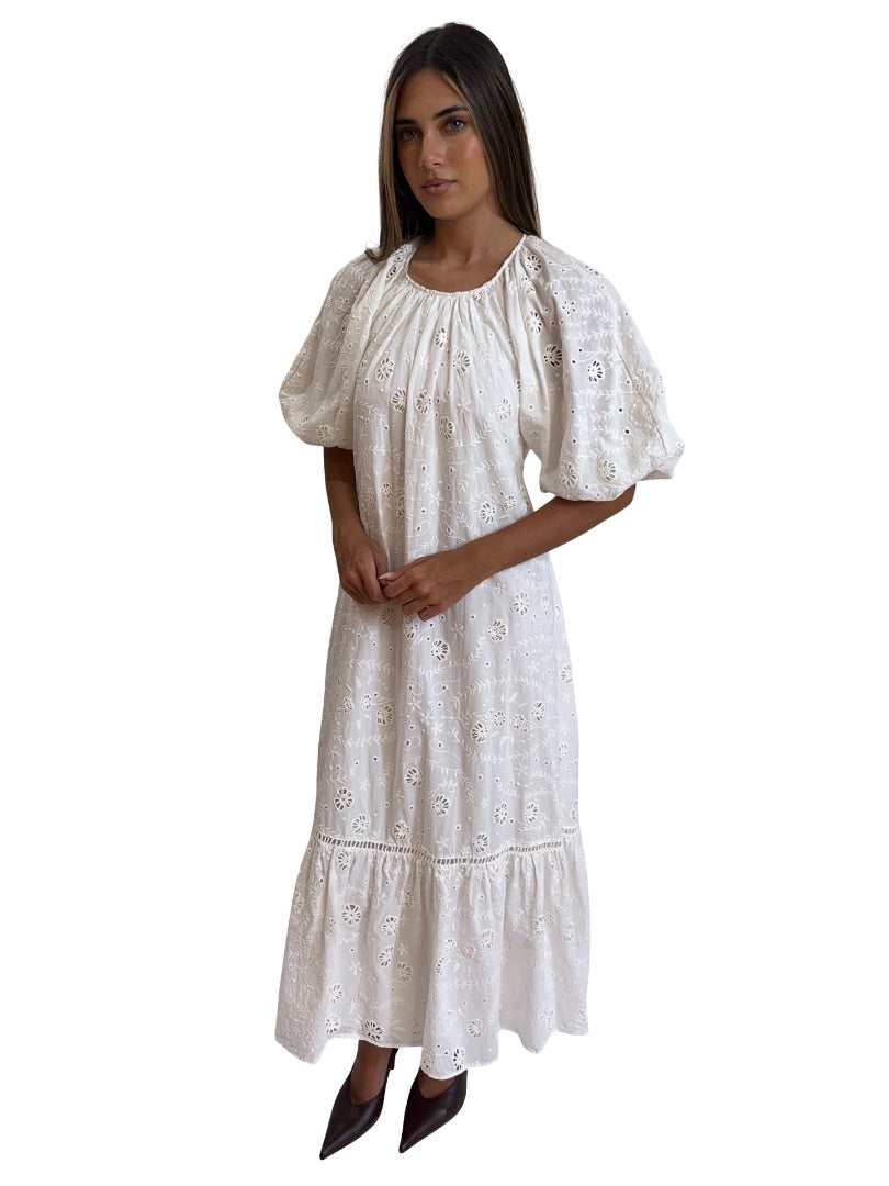 Aje White Embroidered Floral Eyelet Maxi Dress. Size: 4