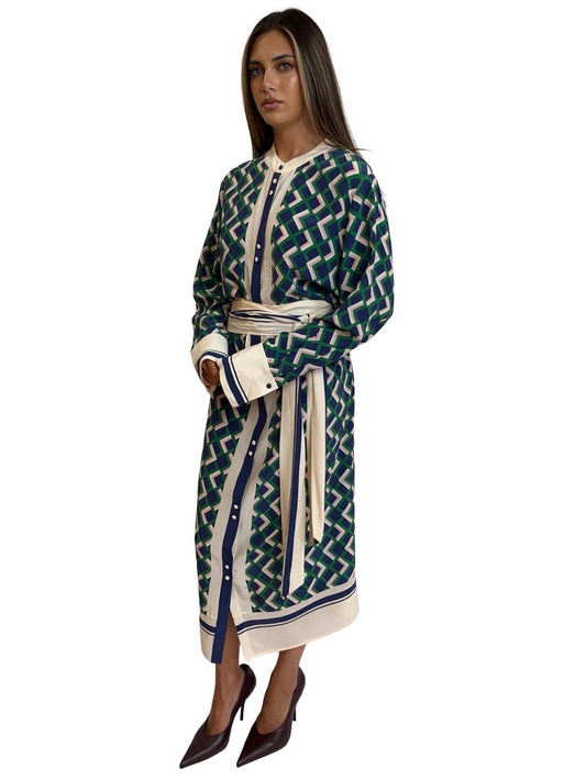 Husk Blue / Pink / Green Silk Geometric Print Dress. Size: 14