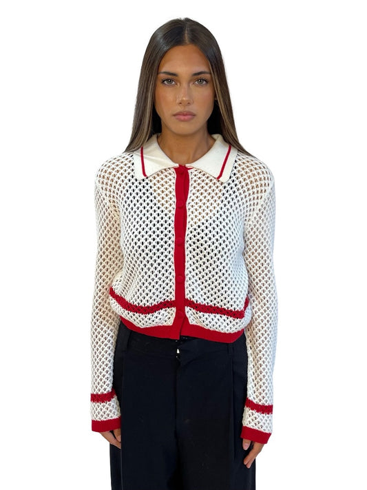 On Parks White/Red Trim Crochet Polo Cardigan. Size: 6