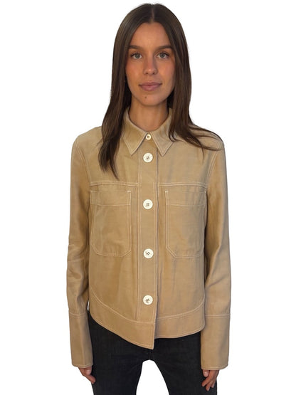 Lee Matthews Beige Contrast Stitch Shirt Jacket. Size: 3