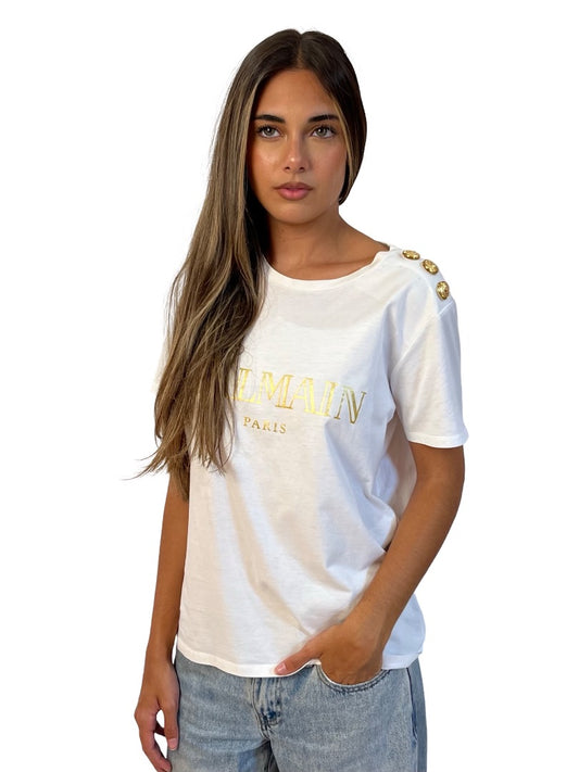 Balmain White T-Shirt w/ Gold graphic Logo. Size: 36