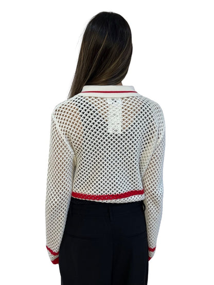 On Parks White/Red Trim Crochet Polo Cardigan. Size: 6