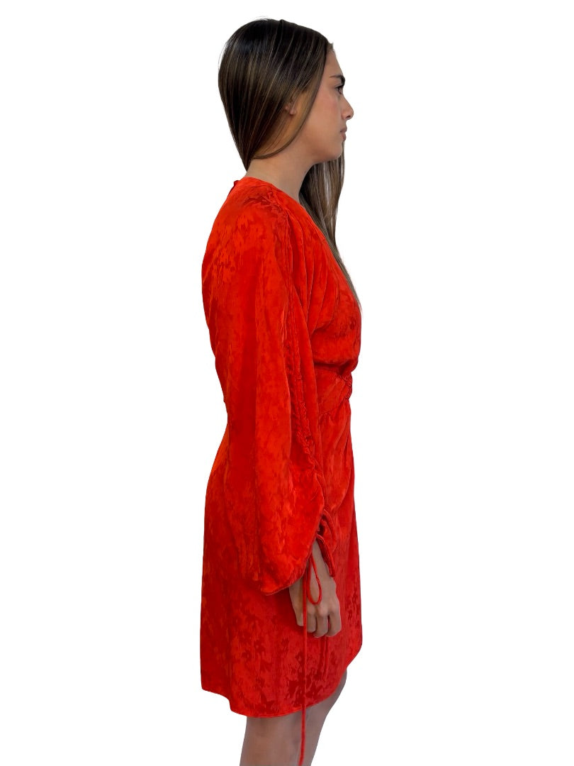 Scanlan Theodore Orange Red Ruched Sleeve Mini Dress. Size: 8