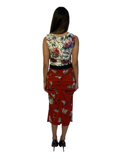 Dolce & Gabbana Red / Multicolour Floral Print Ruched Dress. Size: 42