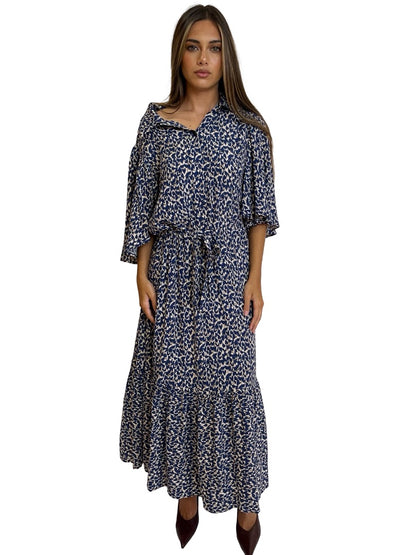Munthe Blue Ivy Leaf Print Maxi Dress. Size: 42