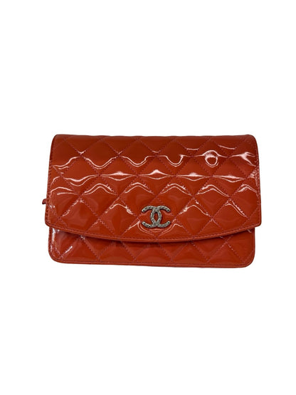 Chanel Salmon Patent CC Wallet On Chain Crossbody Bag.