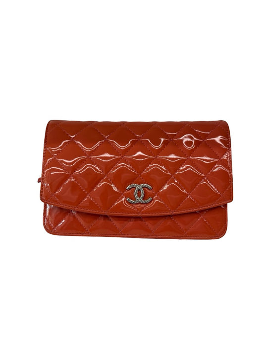 Chanel Salmon Patent CC Wallet On Chain Crossbody Bag.