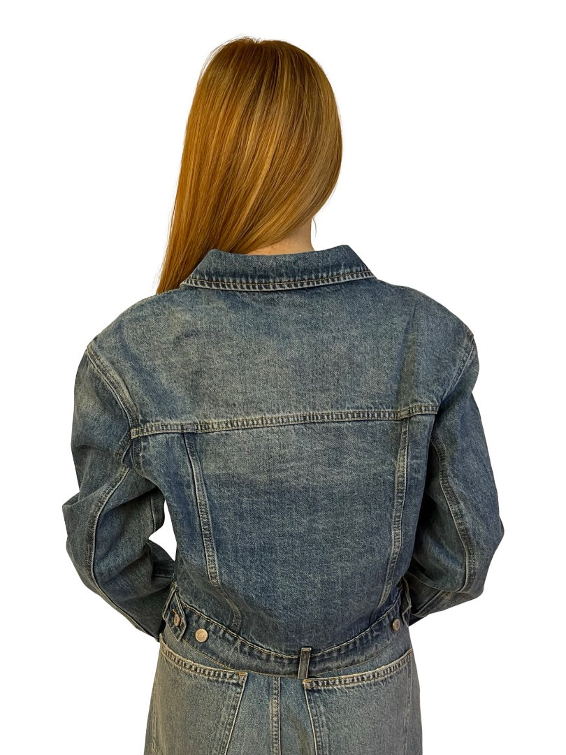 Bayse Denim Blue Cropped Denim Jacket. Size: 10/M