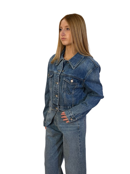 Bayse Denim Blue Cropped Denim Jacket. Size: 10/M