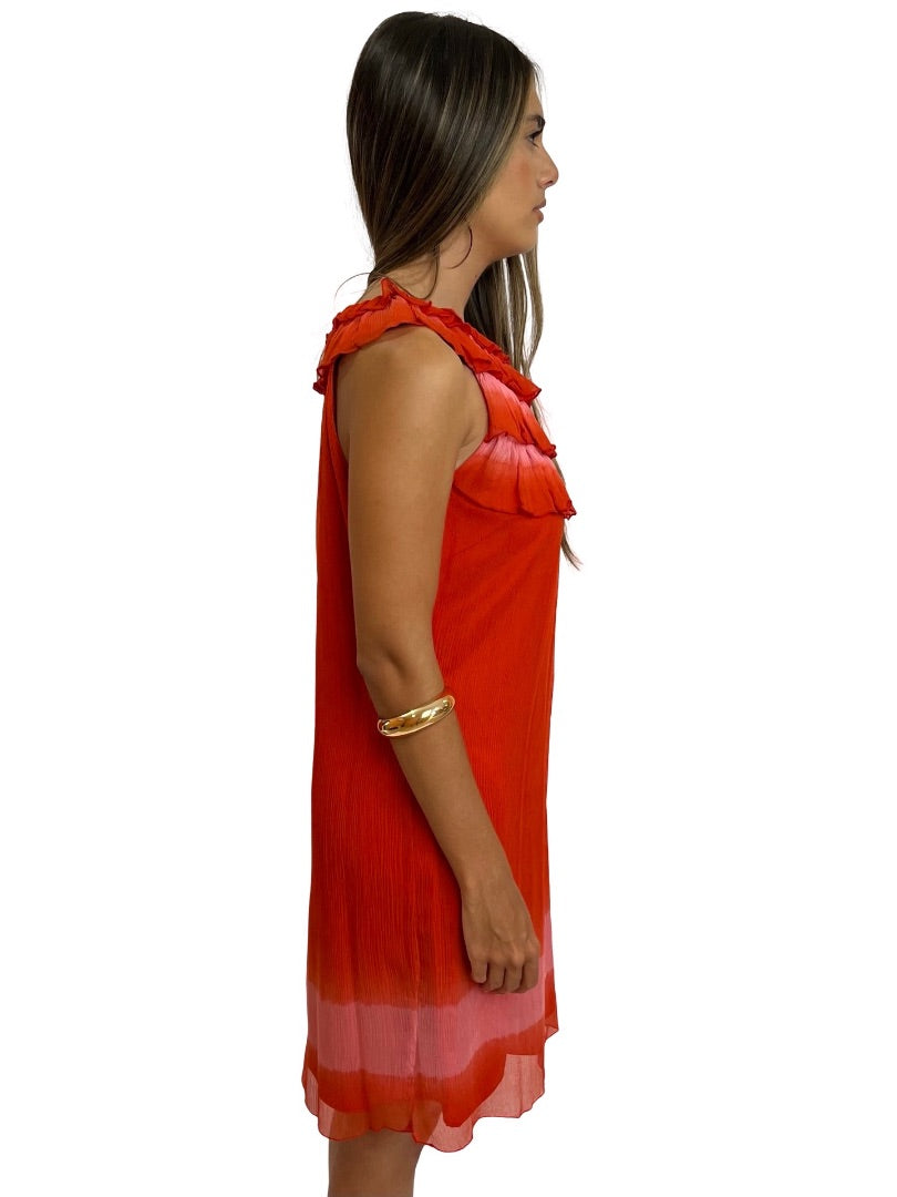Agnes B Red Frill Sleeveless Silk Dress. Size: 38
