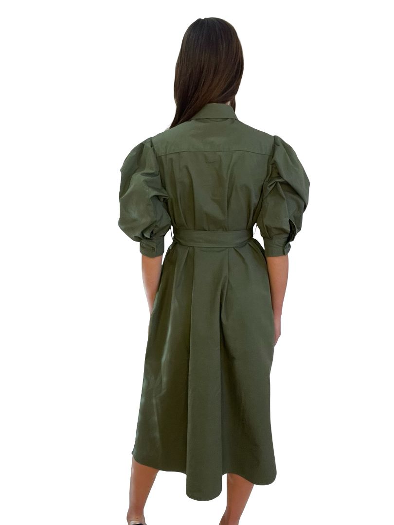 Alexander McQueen Green Puff Sleeve Belted Dress. Size: S
