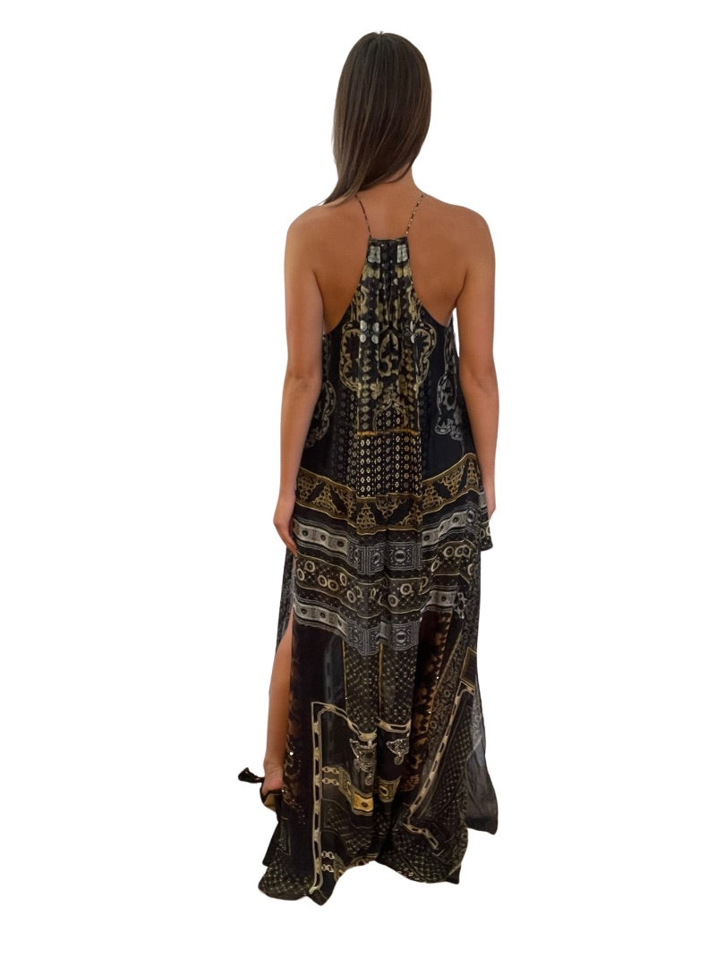 Camilla Black, Gold & Silver Razor Back Flowy Print Dress w/ Rhinestones. Size: M