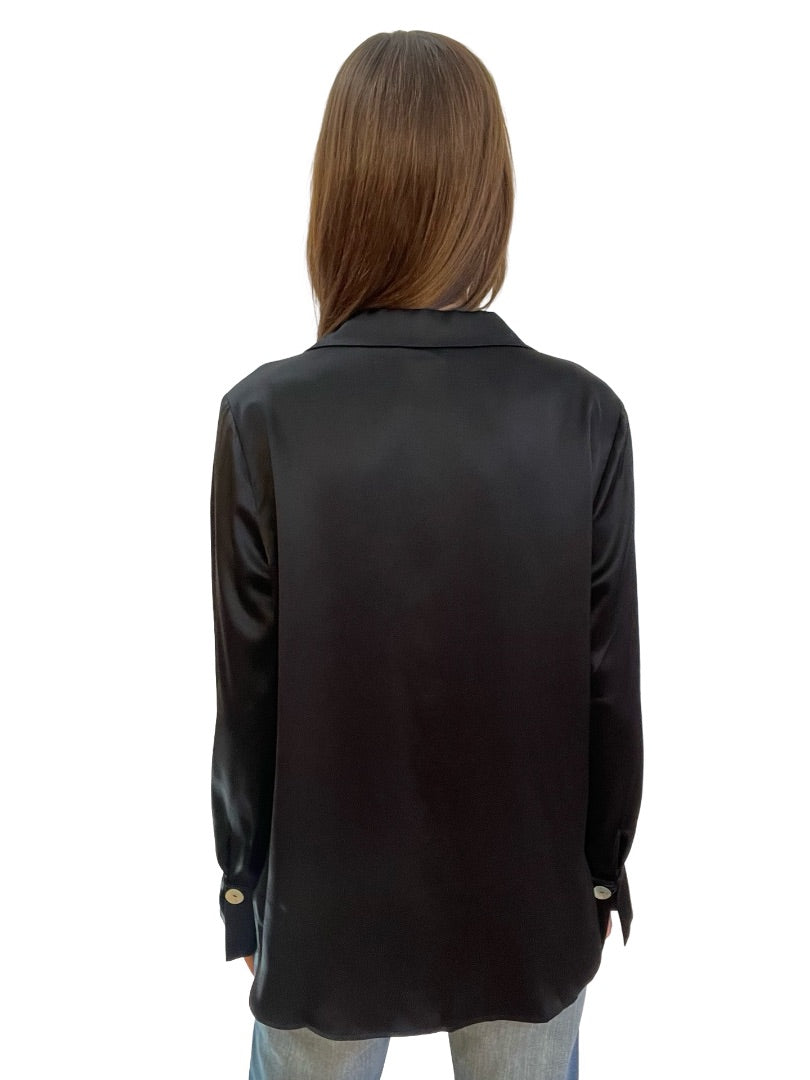 Banded Together Black Silk Satin Shirt w/ Mother of Pearl Tone Buttons. Size: 12