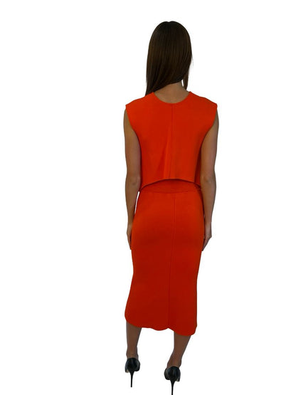 Scanlan Theodore Vermillion Orange Crepe Knit Top/Skirt Set. Size: S