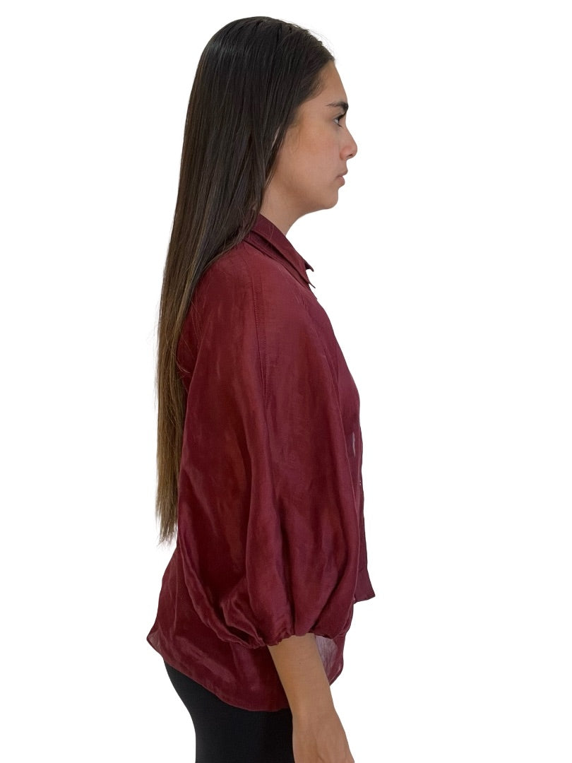 Aje Red Sheer Blouse w/ Puff Sleeve. Size: 10