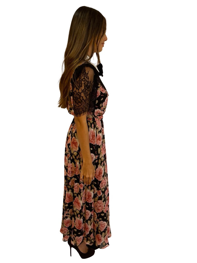 Nissa Black / Pink Rose Print Dress w/ Satin Collar. Size: 36