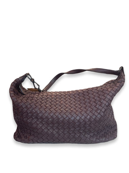 Bottega Veneta Dark Brown Intrecciato Leather Shoulder Bag. Size: Medium