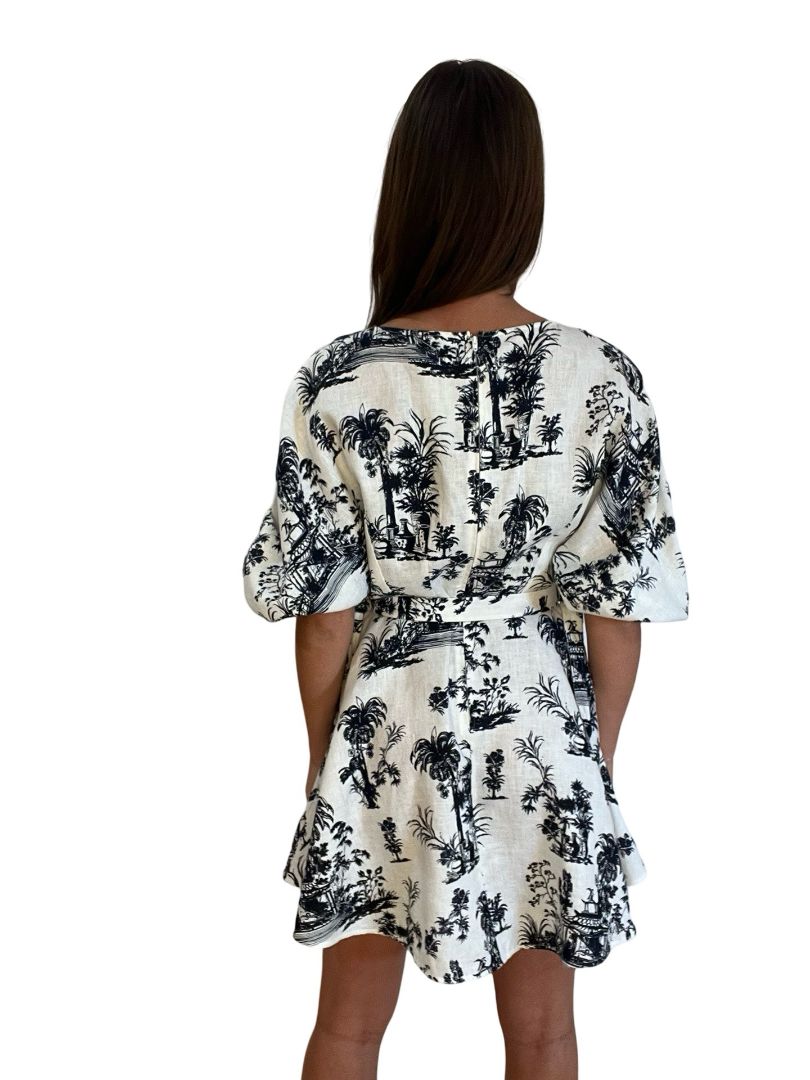 Scanlan Theodore White & Navy Linen Puff Sleeve Mini Dress w Palm Tree Print. Size: 8