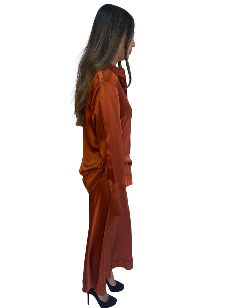 Lee Mathews Orange Silk Satin Shirt & Skirt Set. Size: 2