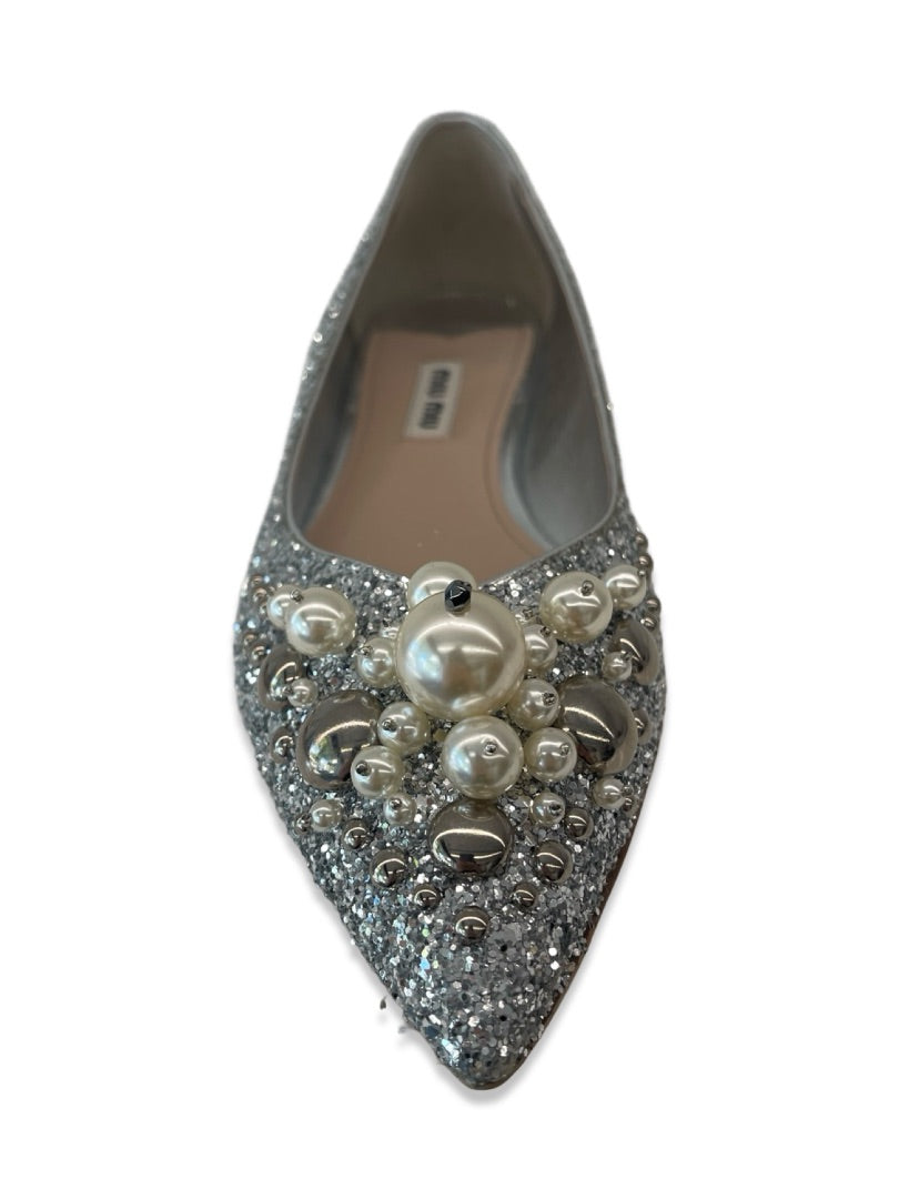 Miu Miu Silver Glitter Ballet Flats W Pearl Embellishment. Size: 38