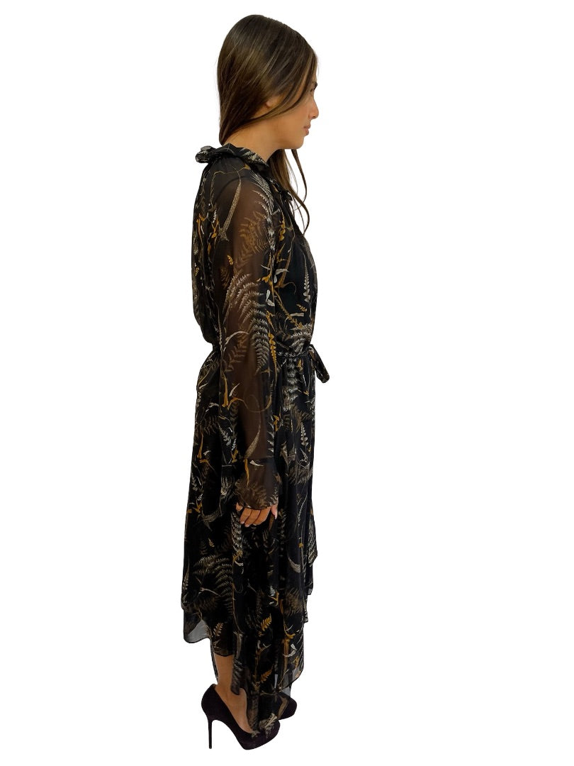 Husk Black/Orange Palm Semi Sheer Silk Dress. Size: 12