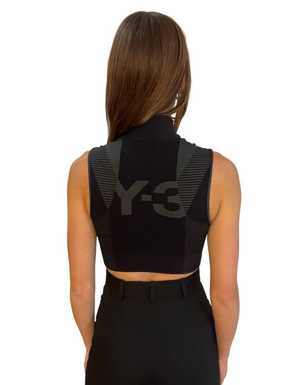 Y-3 Black / Grey Sleeveless Turtleneck Sports Crop Top. Size: XS