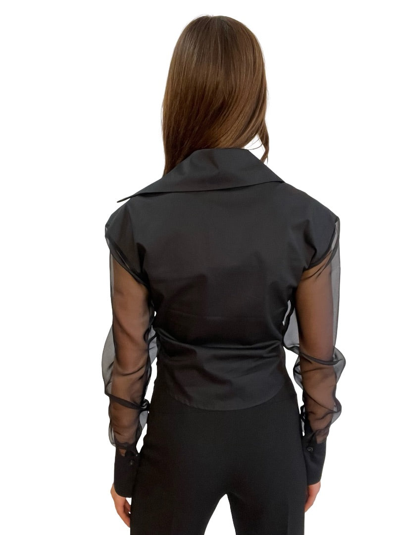 aaizél Black Silk Organza Sleeve Shirt. Size: 8