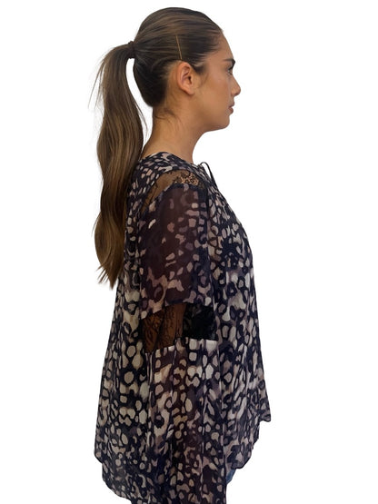 Husk Blue / Neutral Sheer Print Blouse w/ Lace. Size: 12