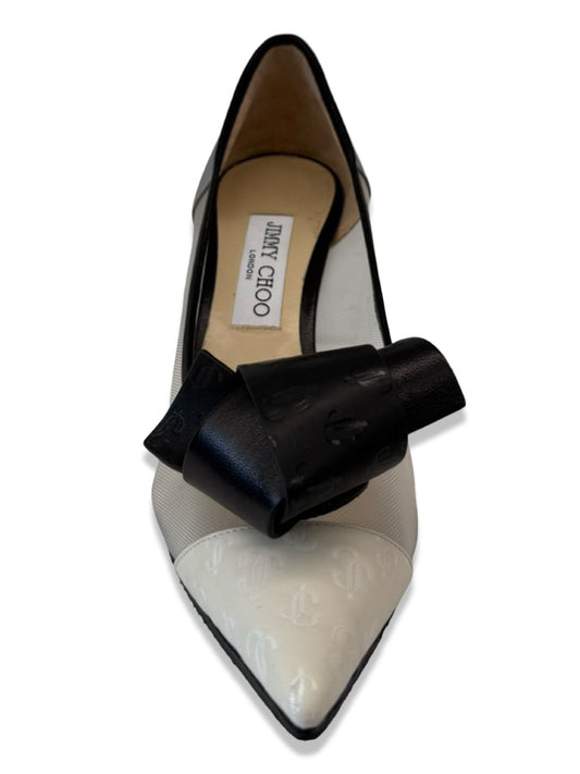 Jimmy Choo Grey/Black 'Mesh Logo Leather Bow Heels. Size: 40