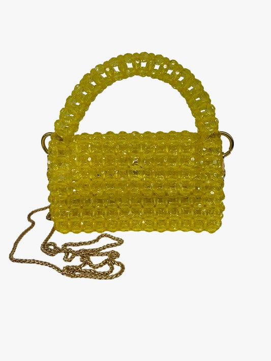 Yellow Crystal Bead Bag w Gold Chain. Size: Mini