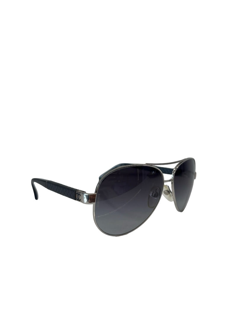 Chanel Silver/Black Aviator Sunglasses.