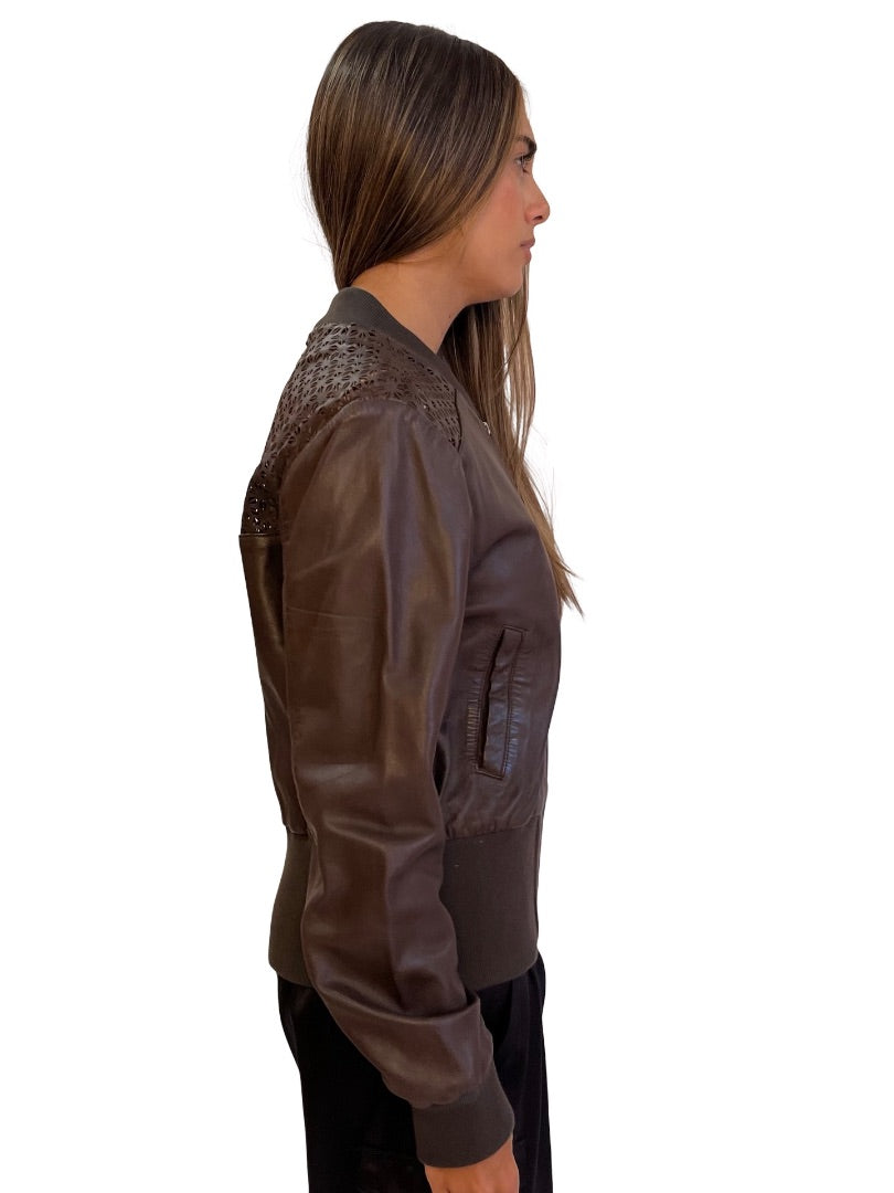 Flannel Brown Leather Cropped Bomber. Size: 2
