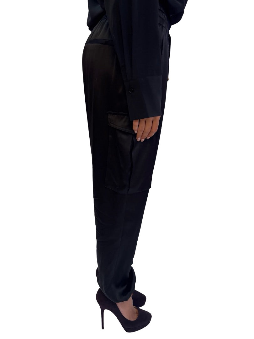 Husk Black Silk Satin Cargo Pants. Size: 10