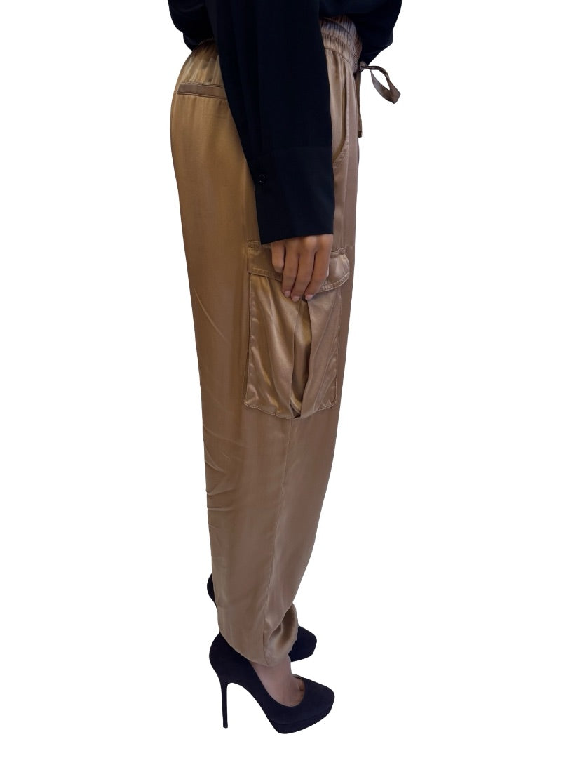 Husk Latte Silk Satin Cargo Pants. Size: 10