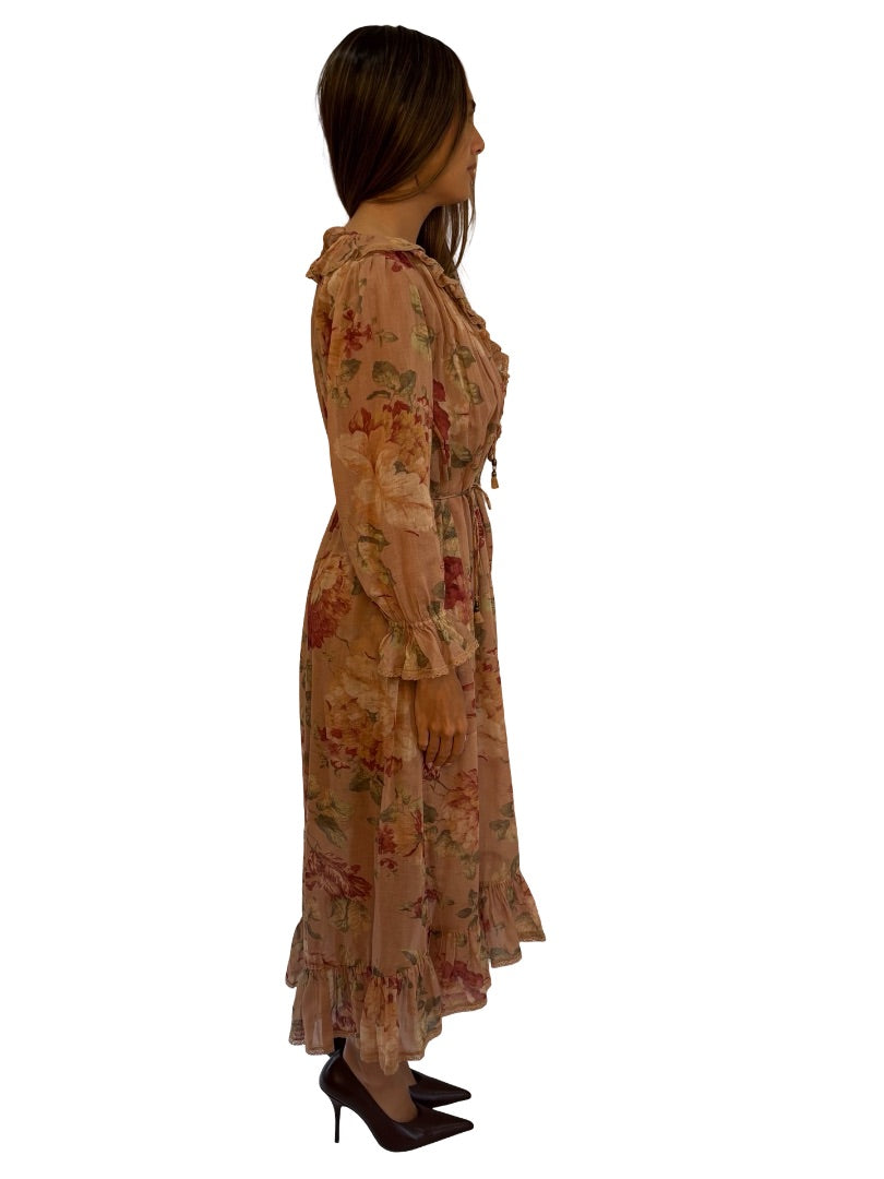 Zimmermann Brown Floral Corsair Ruffle Dress. Size: 0