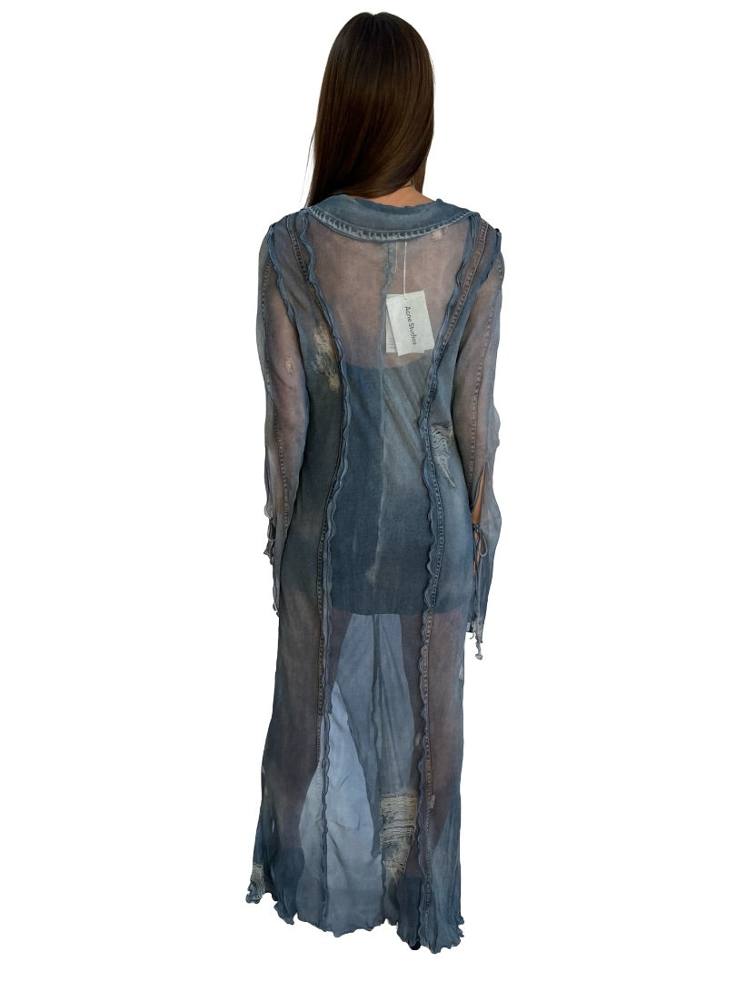 Acne Studios Blue Denim Print Sheer Dress. Size: 40