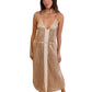 Flannel Oyster/Champagne Long Spaghetti Strap Pleated Sequin Dress. Size: S/M