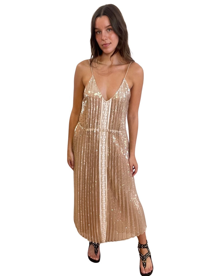Flannel Oyster/Champagne Long Spaghetti Strap Pleated Sequin Dress. Size: S/M