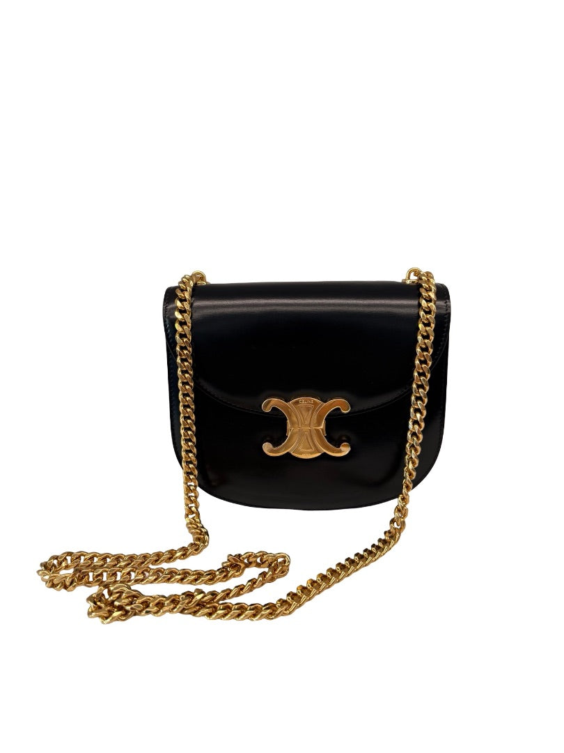Celine Black Leather 'Clea Besace Triomphe' Flap Bag.