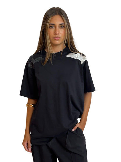 Burberry Black Embroidered Swan Shoulder T-Shirt. Size: M