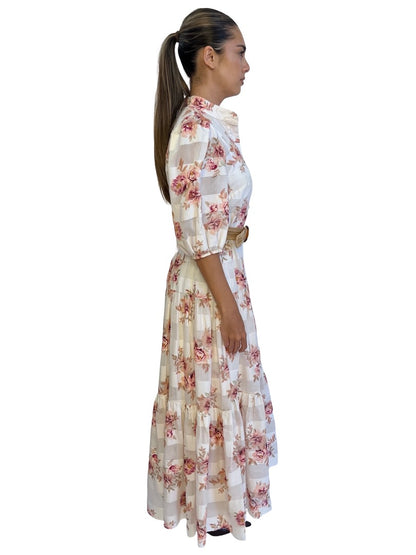 Zimmermann White / Pink Floral Print Dress w/ Sheer Stripe. Size: 1