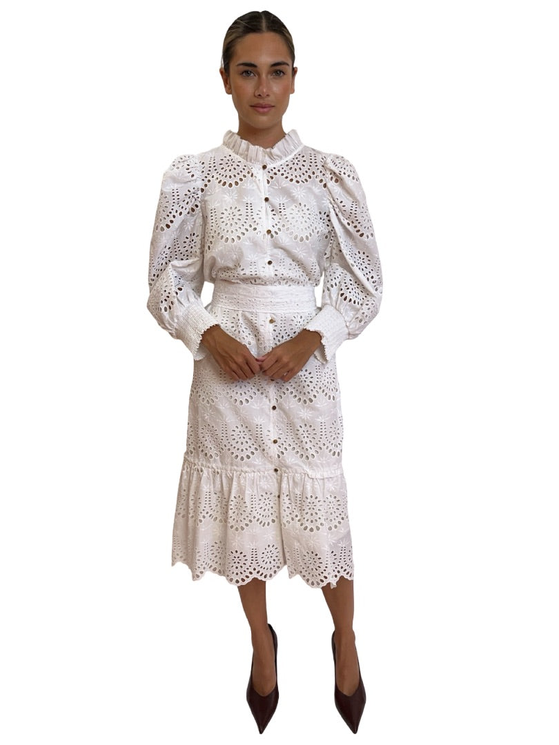 Husk White Cotton Embroidered Dress. Size: 16
