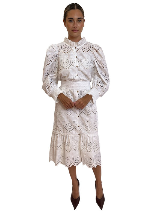 Husk White Cotton Embroidered Dress. Size: 16